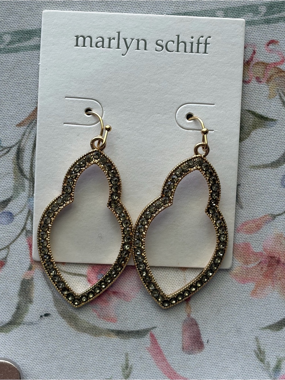 Marlyn Schiff Gold Tone Crystal Open Teardrop Dangle Earrings NWT